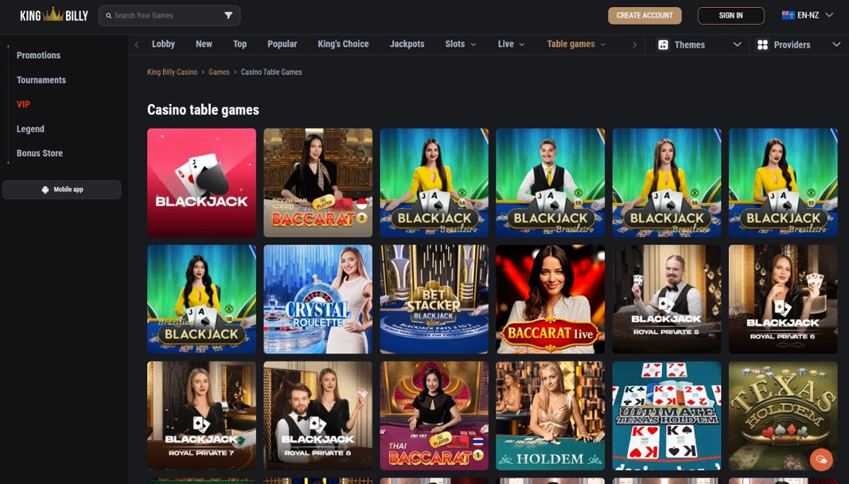 King Billy casino table game lobby displaying the range of games including blackjack, poker, and more.